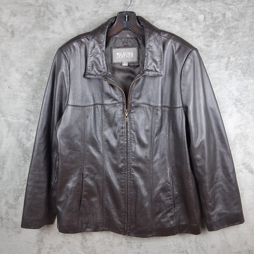 Wilsons Leather Jacket Womens XL Brown Genuine Leather Full Zip Collared Vtg 00s